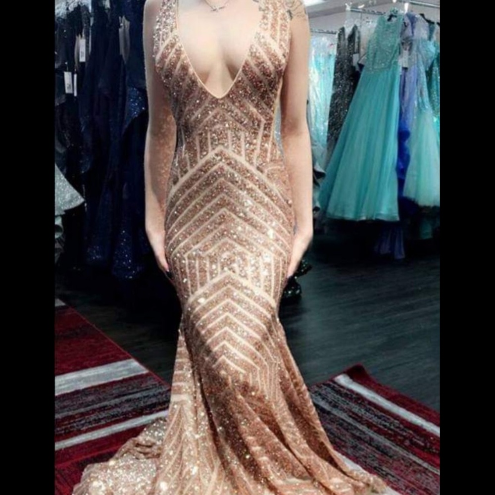 Prom Dress Jovani V Neck line w/  Gold Rose Sequins
